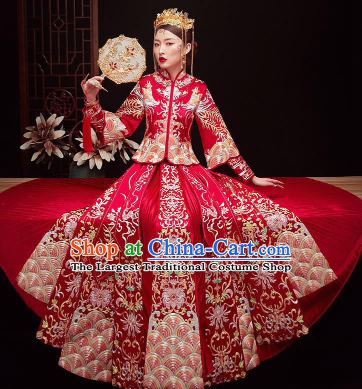 Chinese Ancient Bride Embroidered Costumes Drilling Red Xiu He Suit Wedding Blouse and Dress Traditional Bottom Drawer for Women