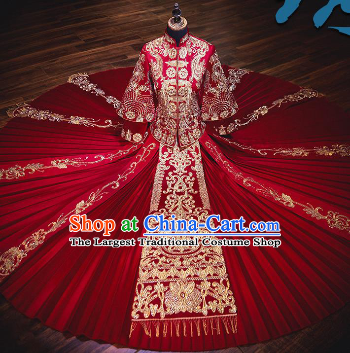 Chinese Ancient Bride Embroidered Red Costumes Diamante Xiu He Suit Wedding Blouse and Dress Traditional Bottom Drawer for Women