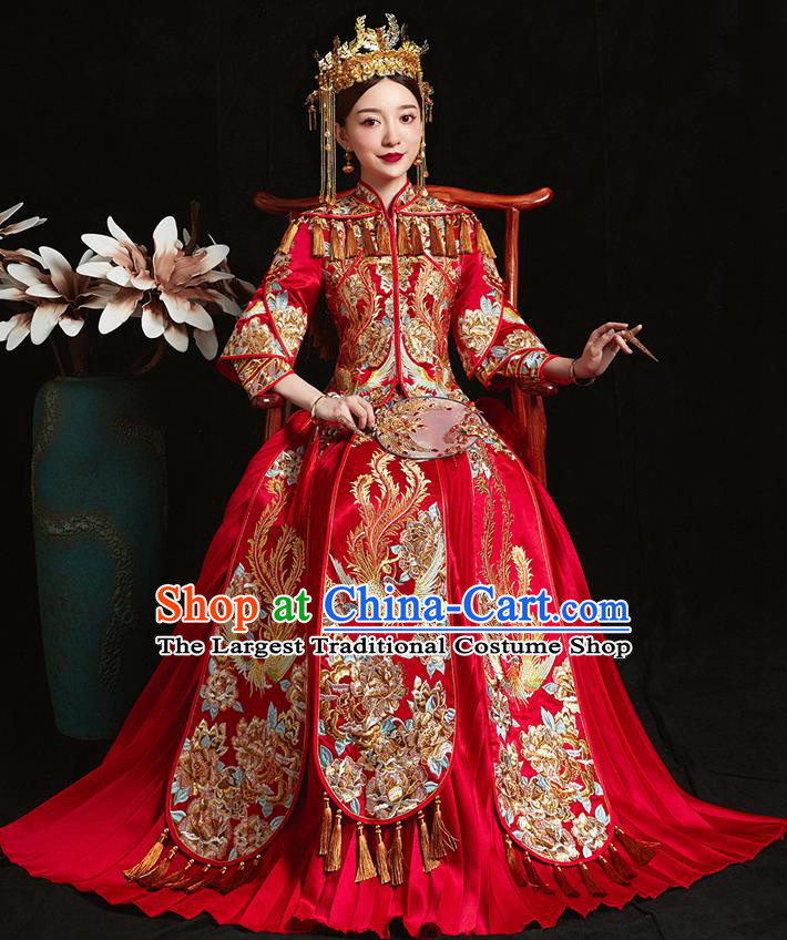 Chinese Ancient Bride Embroidered Phoenix Peony Red Costumes Xiu He Suit Wedding Blouse and Dress Traditional Bottom Drawer for Women