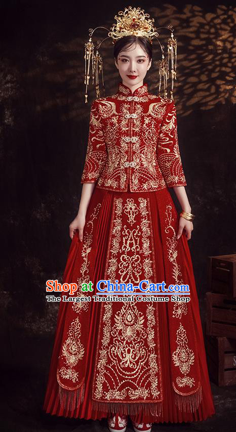 Chinese Ancient Bride Embroidered Diamante Red Xiu He Suit Wedding Costumes Blouse and Dress Traditional Bottom Drawer for Women