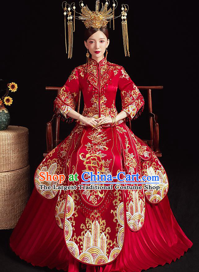 Chinese Ancient Embroidered Peony Flowers Red Blouse and Dress Traditional Bride Xiu He Suit Wedding Costumes for Women