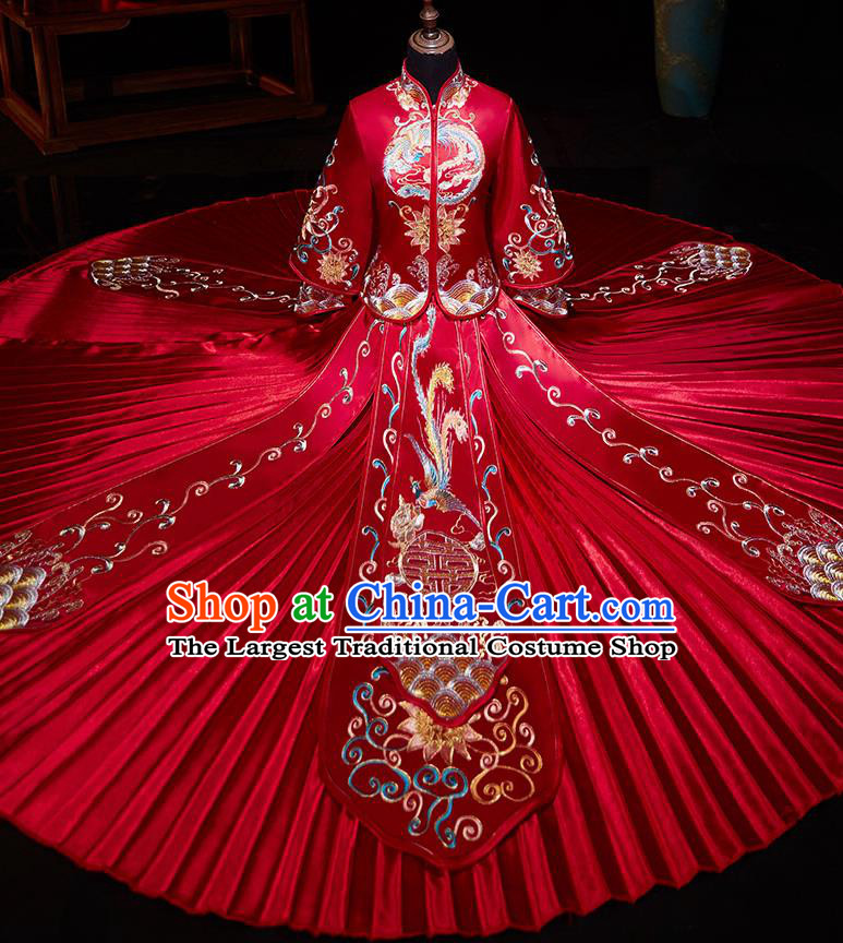 Chinese Ancient Embroidered Phoenix Lotus Red Blouse and Dress Traditional Bride Xiu He Suit Wedding Costumes for Women