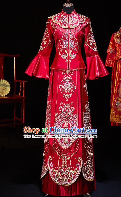 Chinese Ancient Bride Embroidered Diamante Xiu He Suit Wedding Costumes Traditional Red Bottom Drawer for Women