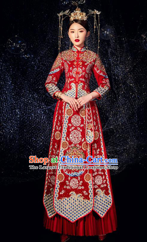 Chinese Ancient Wedding Embroidered Drilling Flowers Red Blouse and Dress Traditional Bride Xiu He Suit Costumes for Women