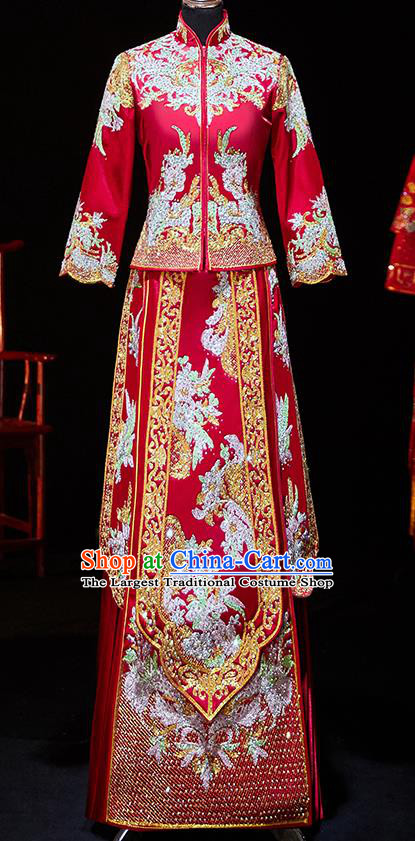 Chinese Ancient Bride Embroidered Diamante Blouse and Dress Xiu He Suit Wedding Costumes Traditional Red Bottom Drawer for Women