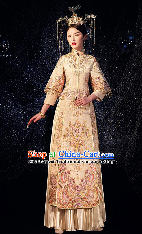 Chinese Ancient Wedding Embroidered Diamante Golden Blouse and Dress Traditional Bride Xiu He Suit Costumes for Women