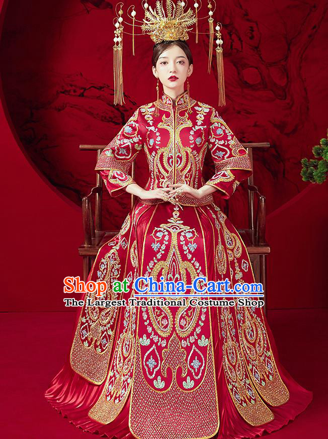 Chinese Ancient Bride Embroidered Red Blouse and Dress Traditional Red Xiu He Suit Wedding Costumes for Women