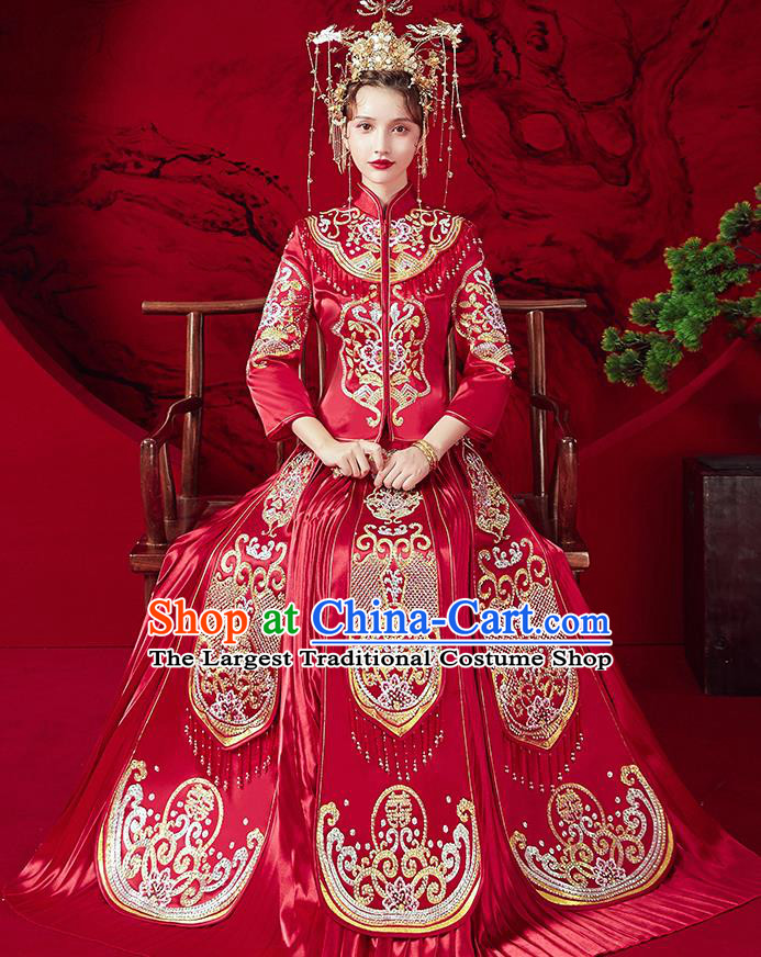 Chinese Ancient Embroidered Peony Red Blouse and Dress Traditional Bride Red Xiu He Suit Wedding Costumes for Women