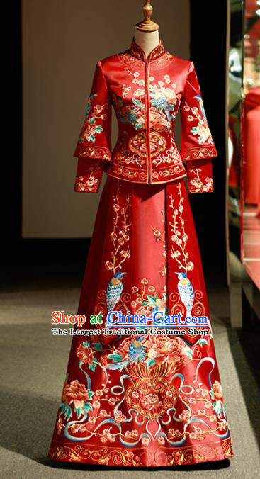 Chinese Ancient Wedding Embroidered Plum Birds Red Blouse and Dress Traditional Bride Xiu He Suit Costumes for Women