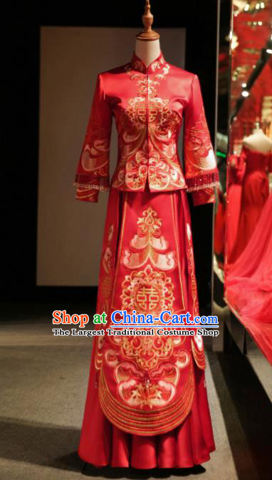 Chinese Ancient Embroidered Wedding Red Blouse and Dress Traditional Bride Xiu He Suit Costumes for Women