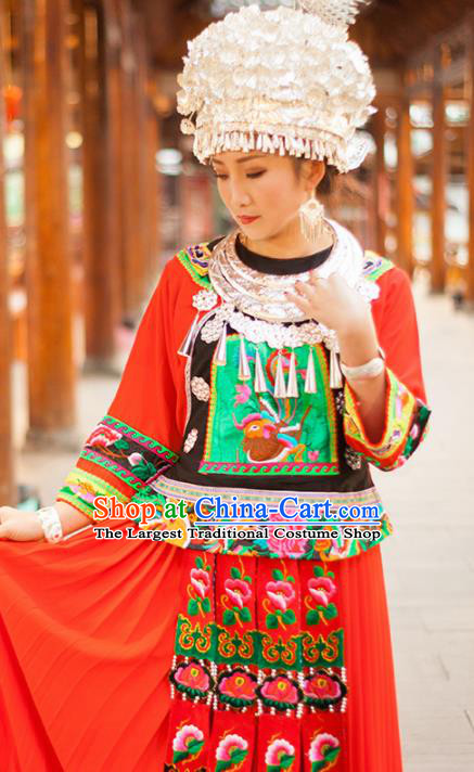 Chinese Traditional Miao Nationality Embroidered Costume and Headwear Ethnic Folk Dance Red Dress for Women