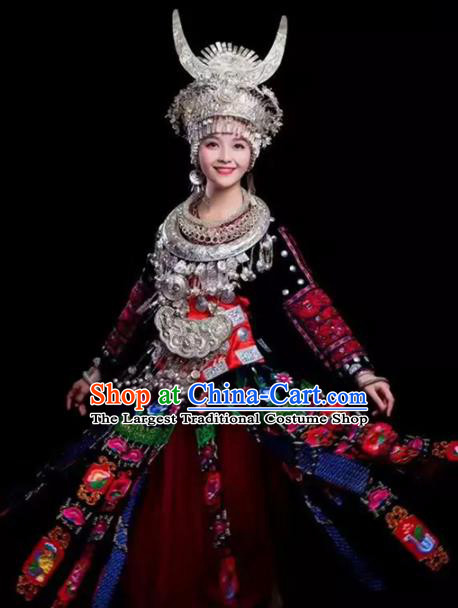 Chinese Traditional Miao Nationality Embroidered Dress Ethnic Folk Dance Costume for Women