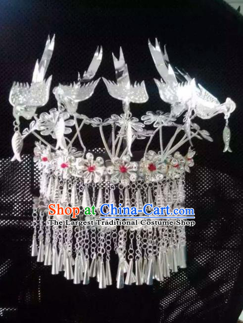 Chinese Traditional Handmade Miao Nationality Five Birds Hair Crown Silver Hairpins Ethnic Wedding Hair Accessories for Women