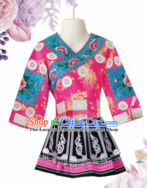 Chinese Traditional Guizhou Miao Nationality Wedding Embroidered Pink Short Dress Ethnic Folk Dance Costume for Women