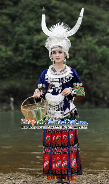 Chinese Traditional Xiangxi Miao Nationality Embroidered Deep Blue Dress Ethnic Folk Dance Costume and Headpiece for Women