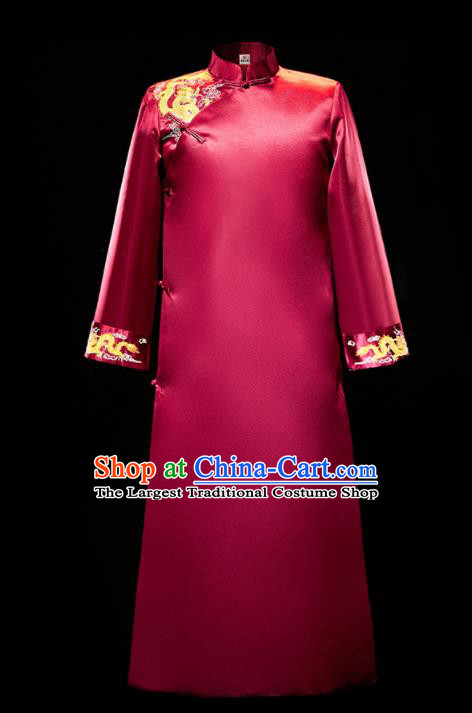 Chinese Traditional Wedding Groomsman Costumes Tang Suit Wine Red Long Gown for Men