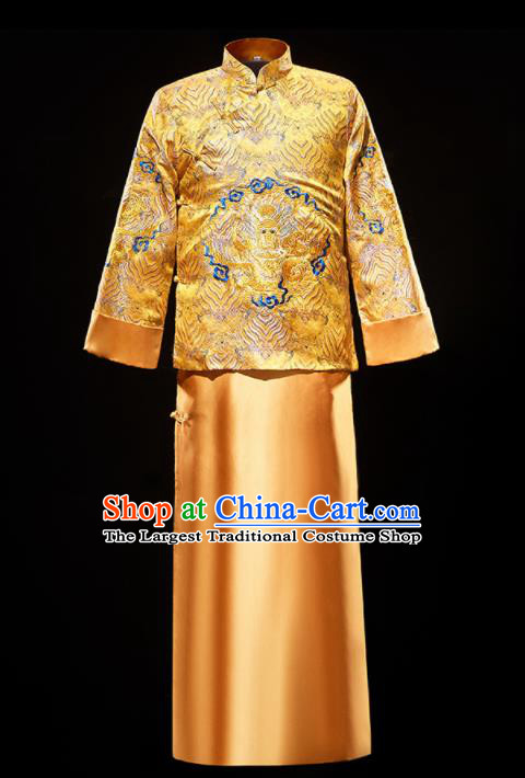 Chinese Traditional Bridegroom Wedding Costumes Tang Suit Embroidered Golden Mandarin Jacket and Long Gown for Men