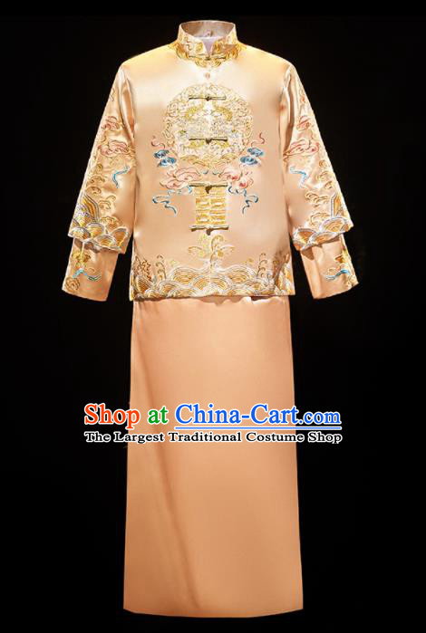 Chinese Traditional Bridegroom Wedding Costumes Tang Suit Embroidered Dragon Golden Mandarin Jacket and Long Gown for Men