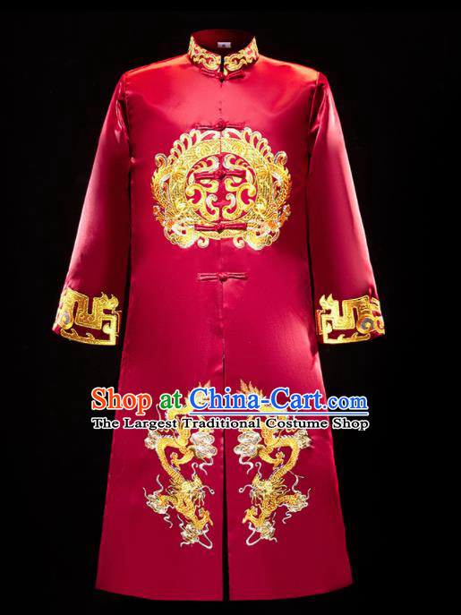 Chinese Traditional Bridegroom Wedding Xiuhe Costumes Tang Suit Embroidered Dragons Red Long Mandarin for Men