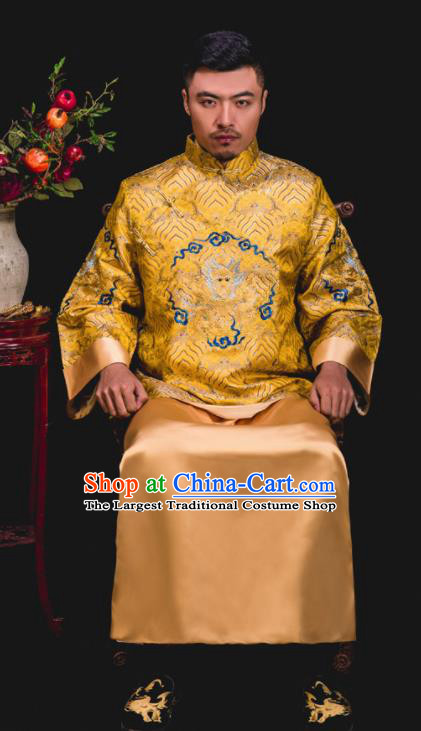 Chinese Traditional Wedding Embroidered Golden Mandarin Jacket and Gown Ancient Bridegroom Tang Suit Costumes for Men