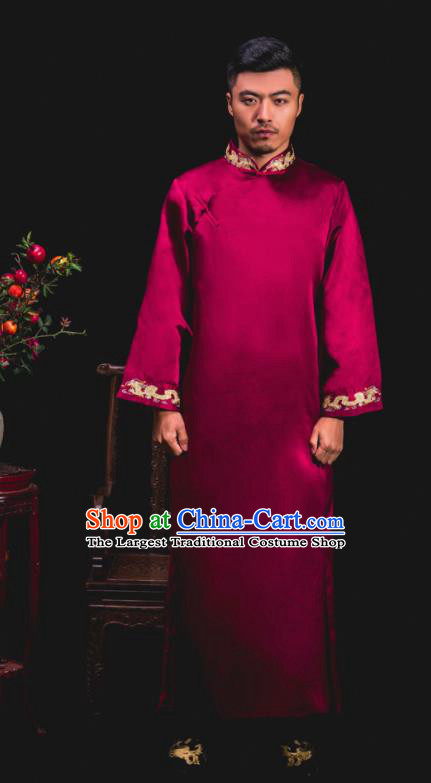 Chinese Traditional Wedding Embroidered Wine Red Gown Ancient Groomsman Tang Suit Costumes for Men