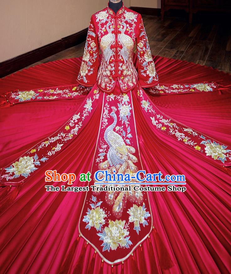 Chinese Traditional Wedding Toast Xiuhe Suit Ancient Bride Embroidered Peacock Full Dress for Women