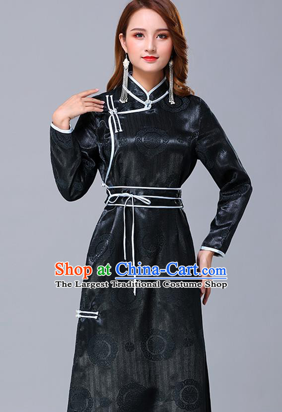 Chinese Traditional Mongolian Nationality Dark Green Satin Dress Mongol Ethnic Stage Show Costume for Women