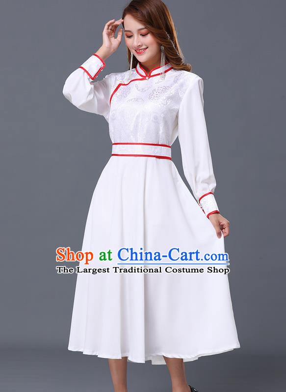 Chinese Traditional Mongolian Nationality White Dress Minority Garment Mongol Ethnic Stand Collar Costume for Women