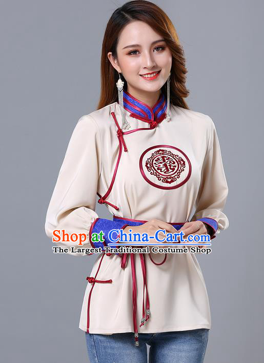 Chinese Traditional Mongolian Minority Beige Satin Blouse Mongol Ethnic Nationality Upper Outer Garment Costume for Women