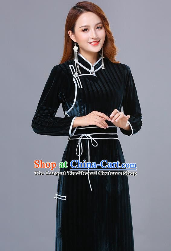 Chinese Mongol Ethnic Nationality Dark Green Pleuche Dress Traditional Mongolian Minority Garment Costume for Women