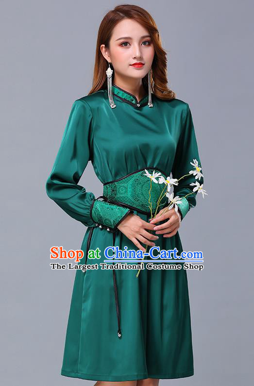 Chinese Traditional Mongolian Embroidered Green Short Dress Minority Garment Mongol Ethnic Nationality Stand Collar Costume for Women