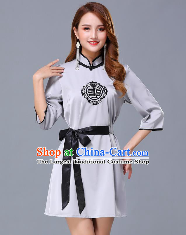 Chinese Traditional National Grey Short Dress Mongolian Minority Garment Mongol Ethnic Nationality Costume for Women