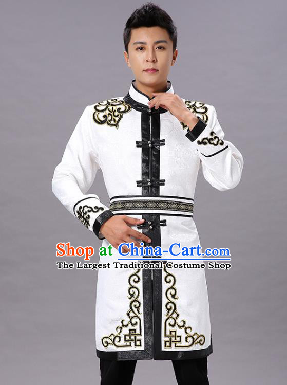 Chinese Mongol Nationality Coat Garment Traditional Ethnic Minority Costume White Mongolian Robe for Men