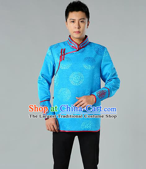 Chinese Mongol Nationality Upper Outer Garment Traditional Ethnic Minority Costume Blue Jacket for Men