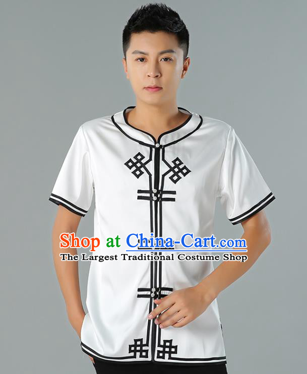 Chinese Mongol Nationality White Silk Short Sleeve Shirt Traditional Ethnic Minority Costume Upper Outer Garment for Men