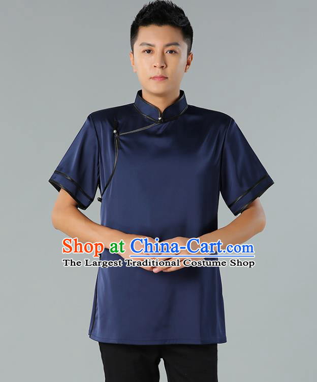 Chinese Mongol Nationality Minority Summer Navy Shirt Traditional Ethnic Upper Outer Garment Informal Costume for Men