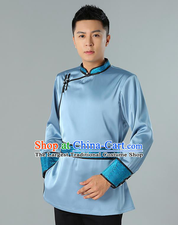 Chinese National Blue Shirt Traditional Ethnic Upper Outer Garment Mongol Minority Informal Costume for Men