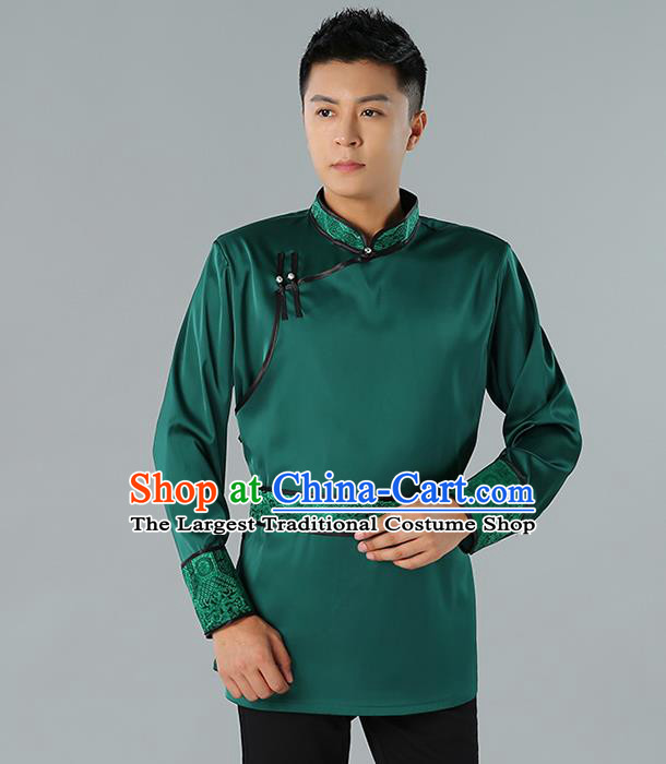 Chinese National Green Shirt Traditional Ethnic Upper Outer Garment Mongol Minority Informal Costume for Men