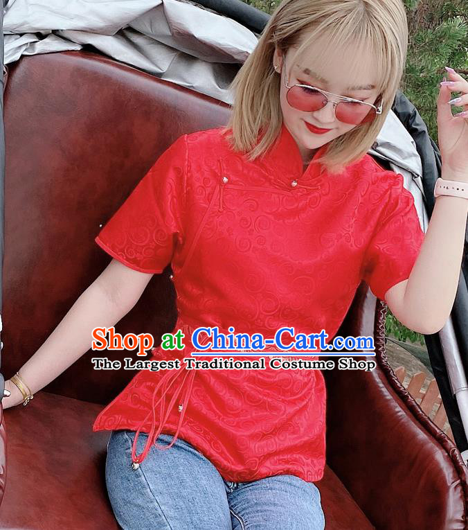 Chinese Traditional Costume Mongol Ethnic Red Brocade Blouse Mongolian Minority Female Shirt Garment