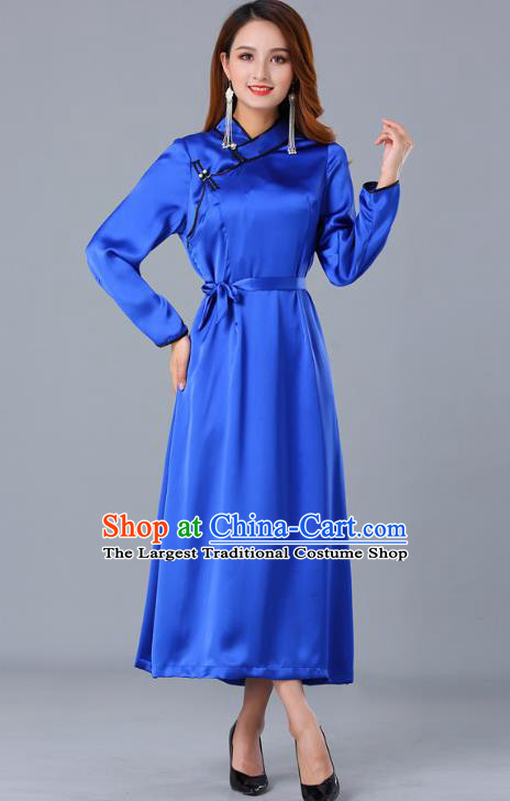 Chinese Traditional Mongolian Nationality Royalblue Satin Dress Ethnic Woman Informal Costume Mongol Minority Garment Apparels