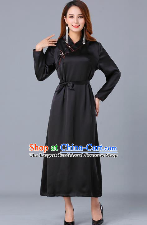 Chinese Traditional Mongolian Nationality Black Satin Dress Ethnic Woman Informal Costume Mongol Minority Garment Apparels