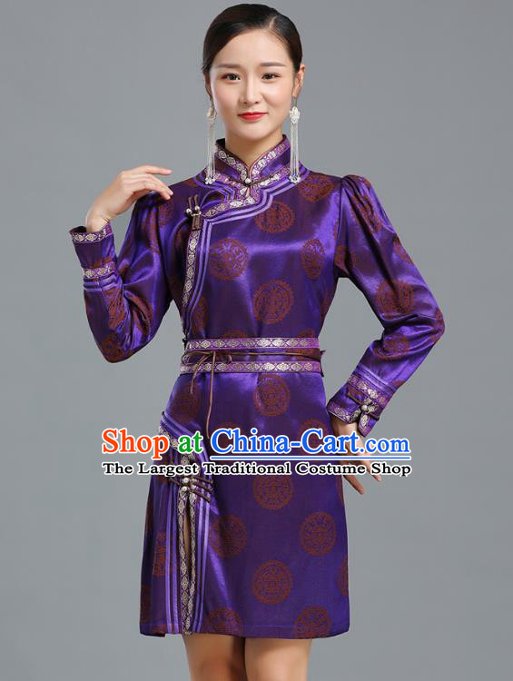 Traditional Chinese Mongolian Nationality Purple Brocade Short Dress Ethnic Informal Costume Mongol Minority Garment Woman Apparels