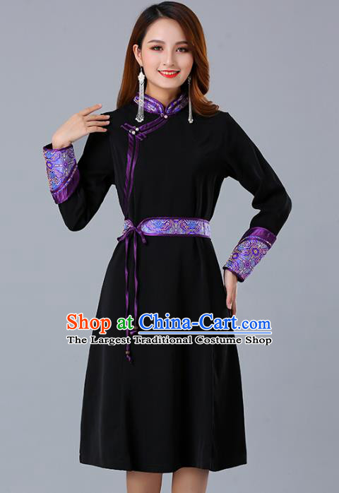 Traditional Chinese Woman Apparels Mongolian Nationality Black Dress Mongol Minority Garment Ethnic Informal Costume