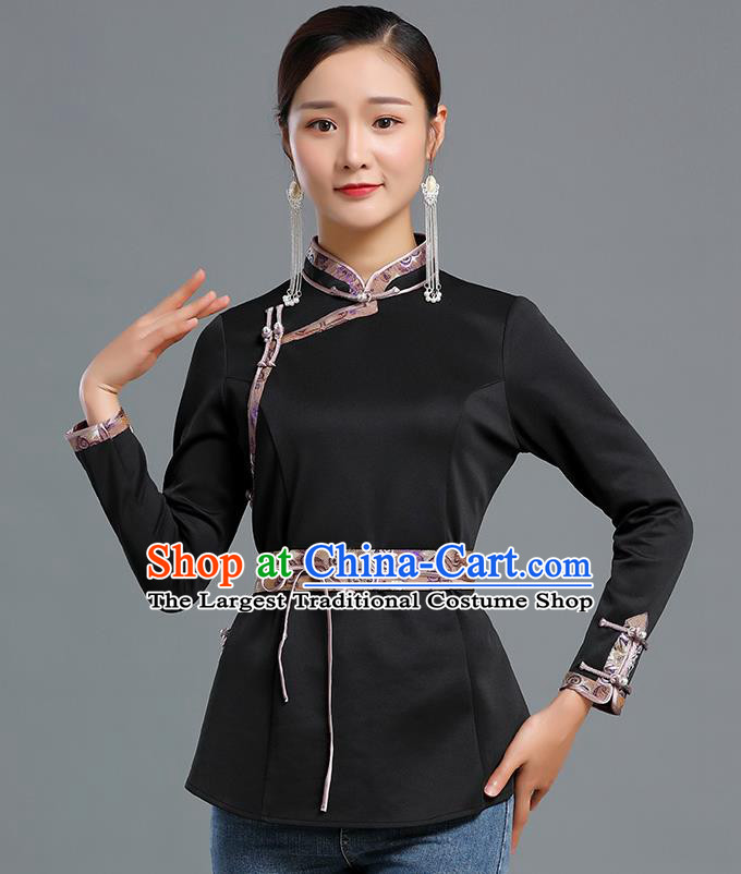 Traditional Chinese Ethnic Black Blouse Woman Apparels Mongol Minority Upper Outer Garment Mongolian Nationality Informal Costume