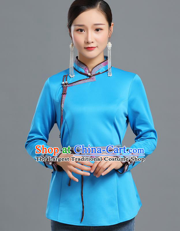 Traditional Chinese Ethnic Blue Blouse Woman Apparels Mongol Minority Upper Outer Garment Mongolian Nationality Informal Costume