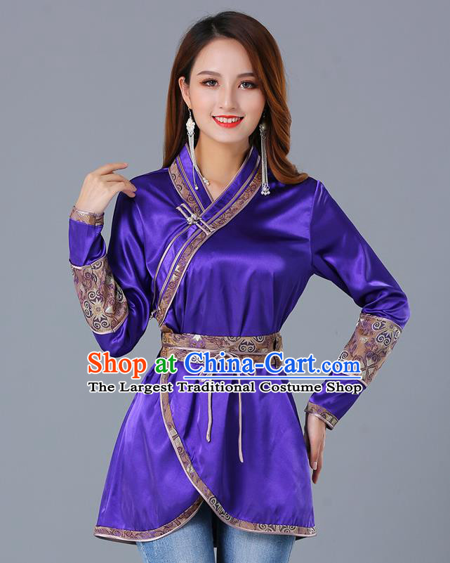 Traditional Chinese Ethnic Woman Purple Blouse Apparels Mongol Minority Upper Outer Garment Mongolian Nationality Informal Costume