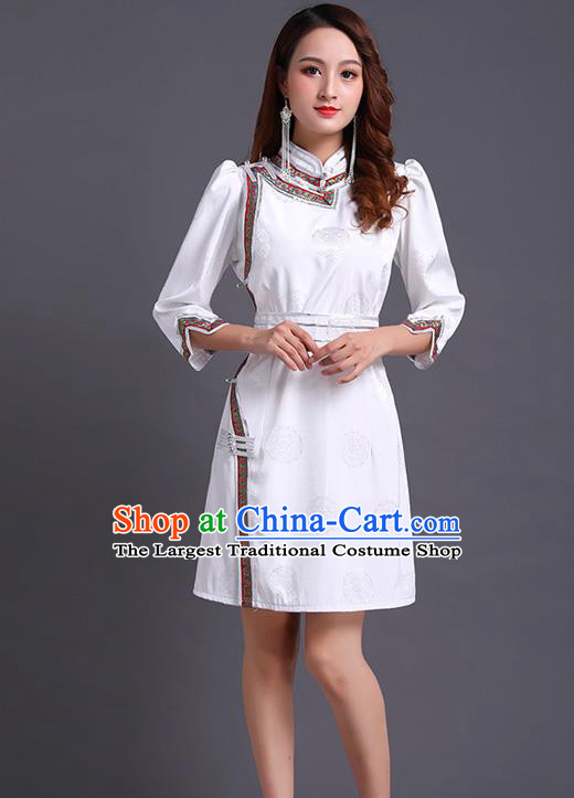 Traditional Chinese Ethnic Costume Mongol Minority White Dress Garment Mongolian Nationality Apparels for Woman