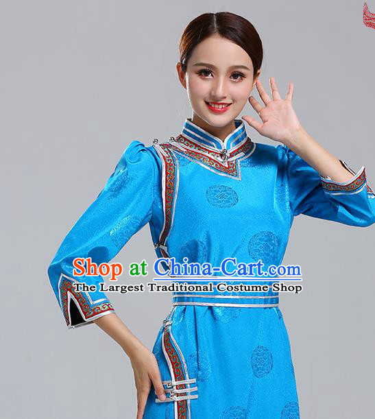 Traditional Chinese Ethnic Costume Mongol Minority Blue Dress Garment Mongolian Nationality Apparels for Woman