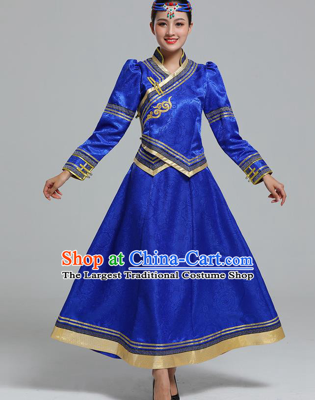 Traditional Chinese Mongol Minority Ethnic Costume Garment Mongolian Nationality Women Folk Dance Apparels Royalblue Blouse and Skirt