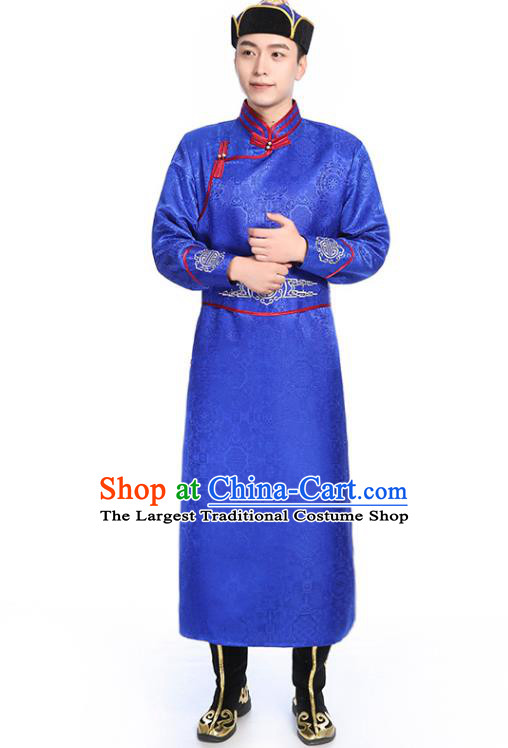 Chinese Traditional Royalblue Brocade Mongolian Robe Ethnic Men Dance Garment Mongol Minority Wedding Costume